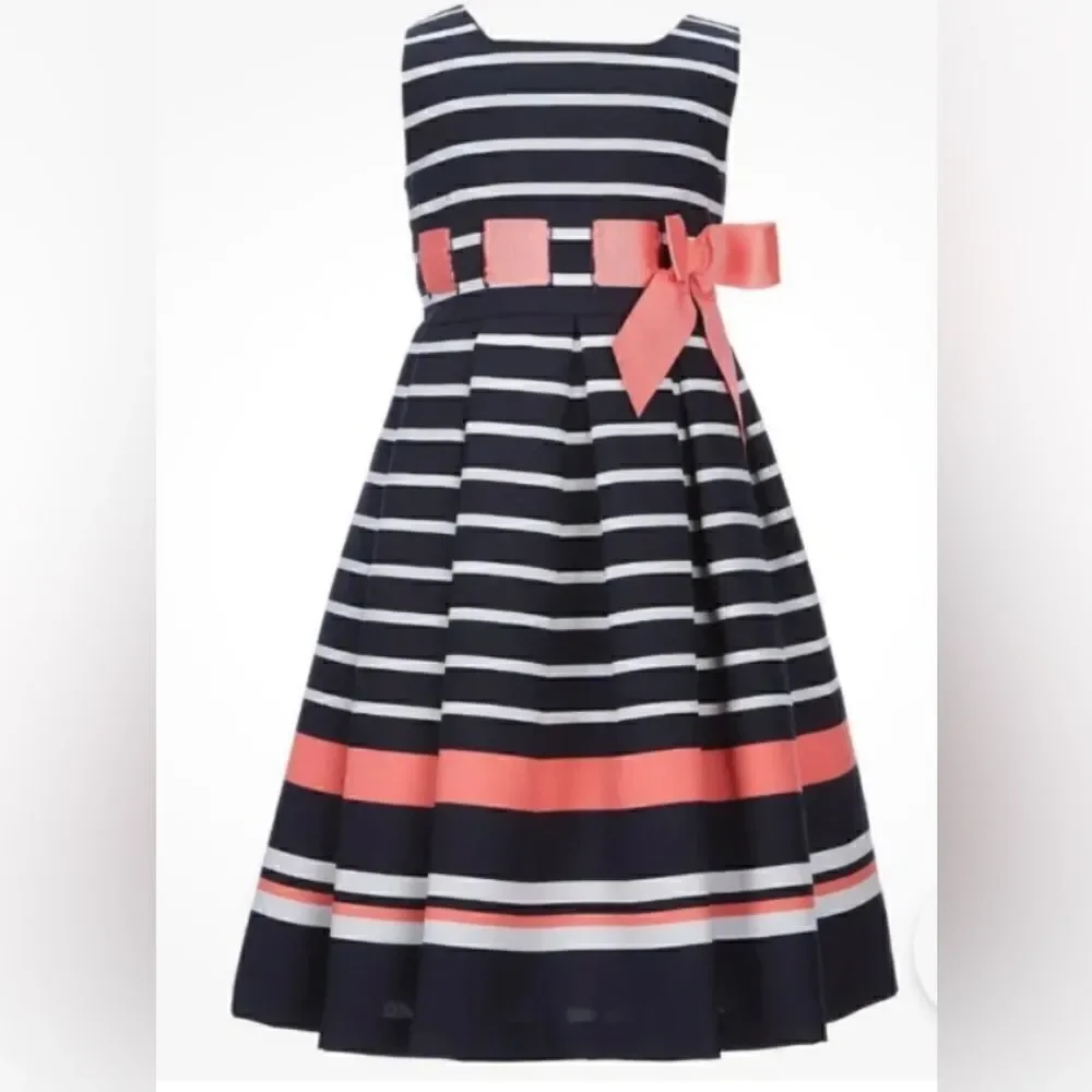 Jessica Ann Striped Coral Ribbon Push-Thru Fit & Flare Dress sz 3T